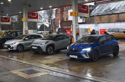 Renault Clio, MG 3 and Toyota Aygo X at a petrol station