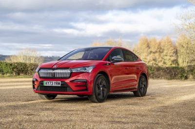 Feel Electric Skoda Enyaq vRS coupe front three-quarters