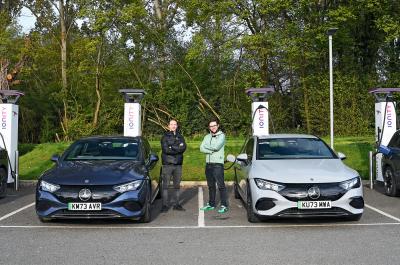 Two Mercedes EQEs at Ionity charging station