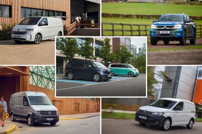 A collage of five Volkswagen commercial vehicles, including the Caddy Cargo, Transporter, Crafter, Amarok and ID. Buzz Cargo
