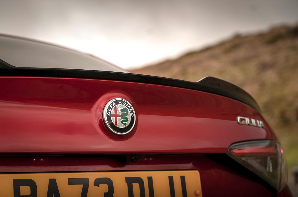 Red Alfa Romeo Giulia Quadrifoglio rear badge