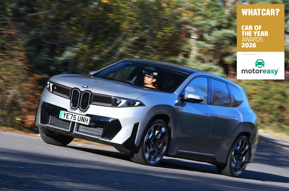 BMW iX3 front cornering with Car of the Year logo