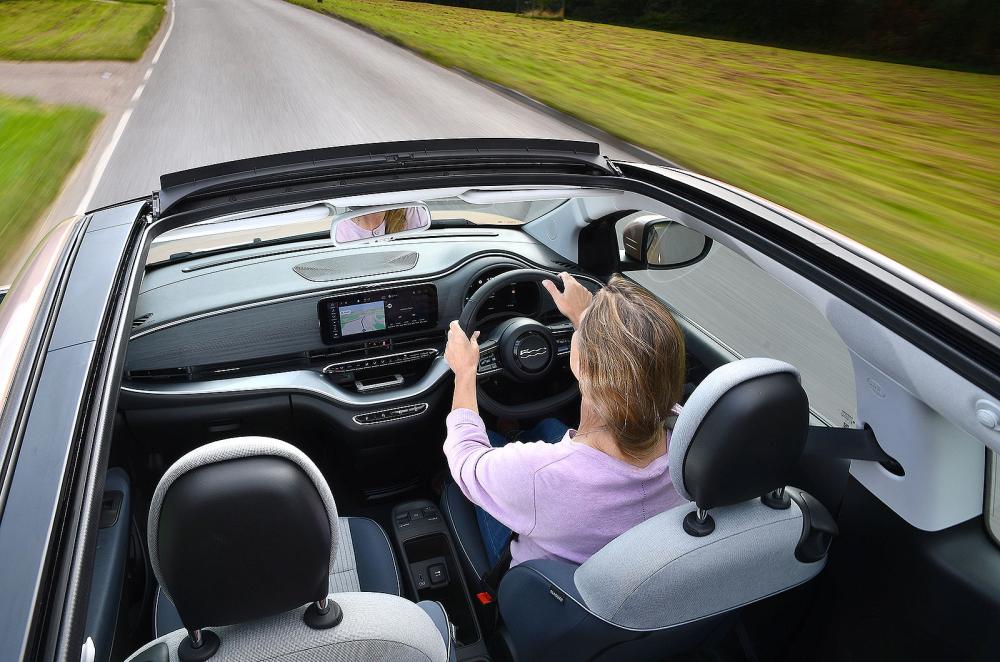 Claire Evans driving Electric Fiat 500 Cabrio