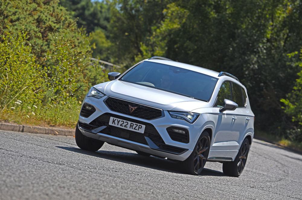 White Cupra Ateca front cornering