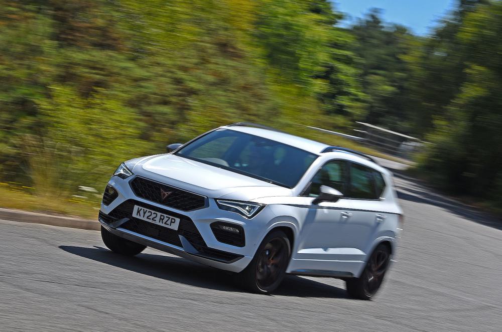 White Cupra Ateca front cornering