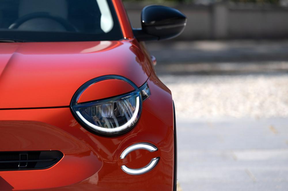 Orange Fiat 600e headlights detail