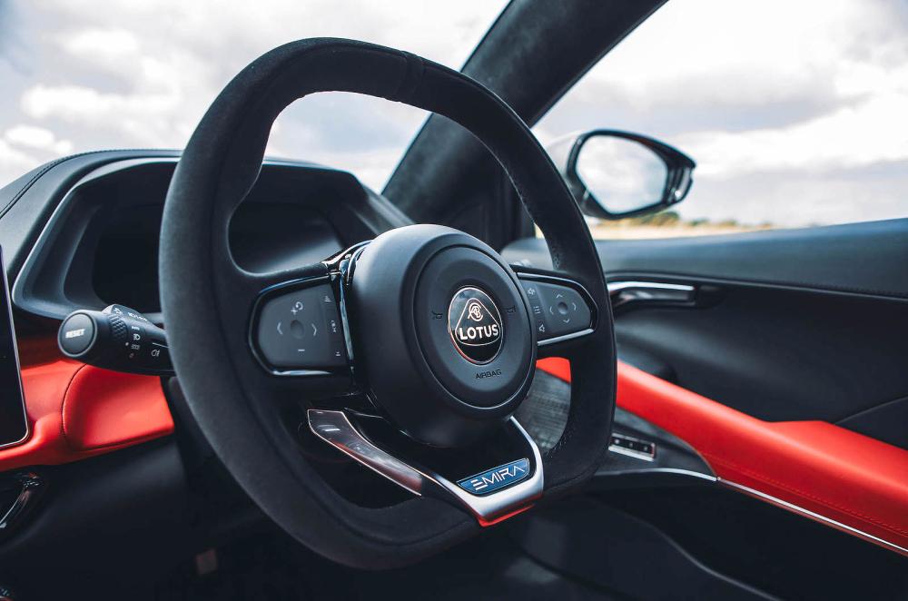 Lotus Emira interior steering wheel detail
