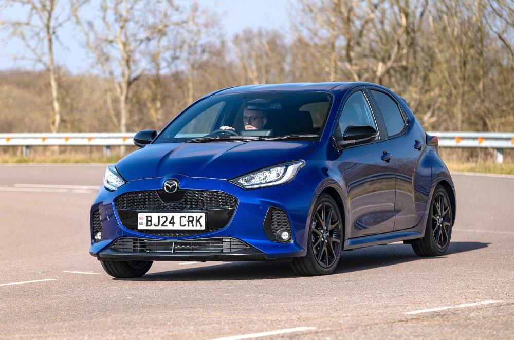 Blue Mazda 2 Hybrid front cornering