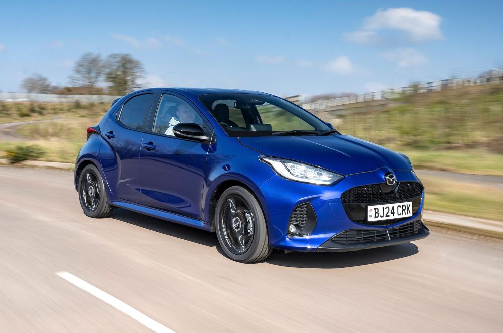 Blue Mazda 2 Hybrid front right driving