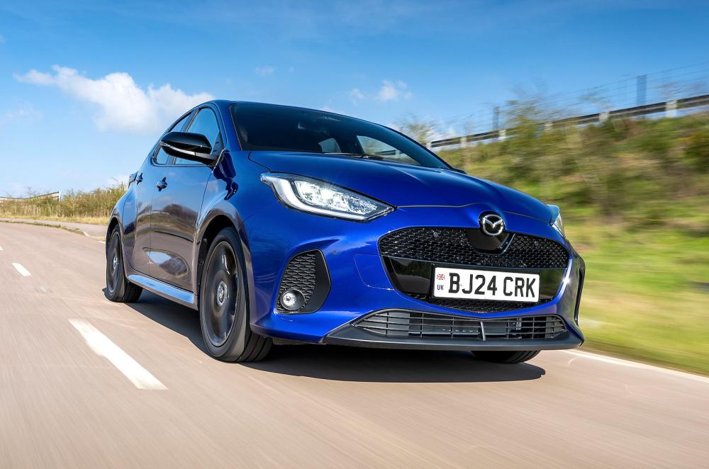 Blue Mazda 2 Hybrid front right driving