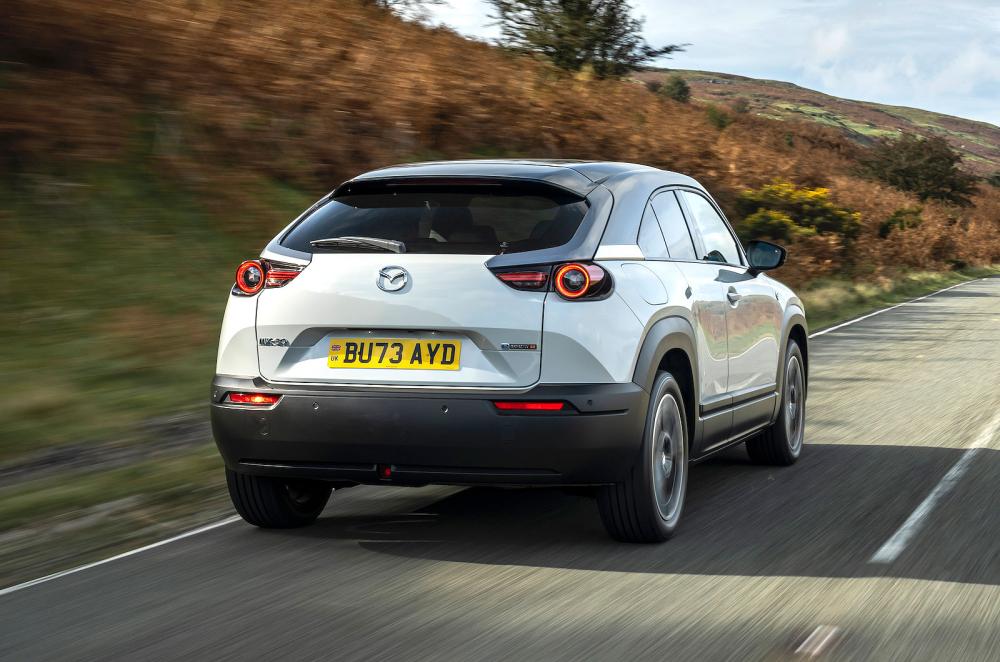 Mazda MX-30 R-EV rear right driving