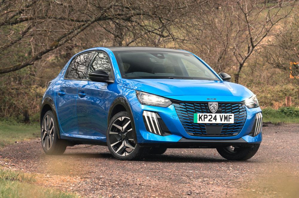 Blue Peugeot e-208 front right static