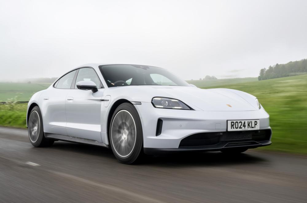 Porsche Taycan front driving silver