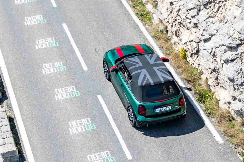 Mini Cooper Convertible aerial driving