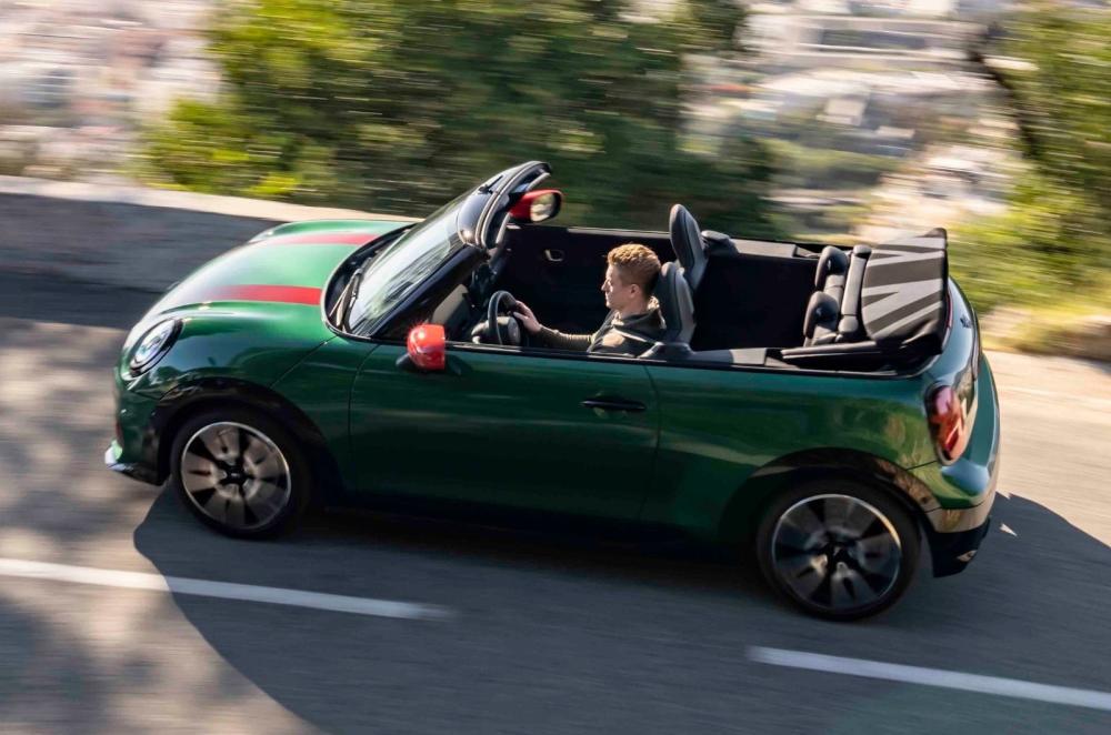 Mini Cooper Convertible aerial side profile dynamic