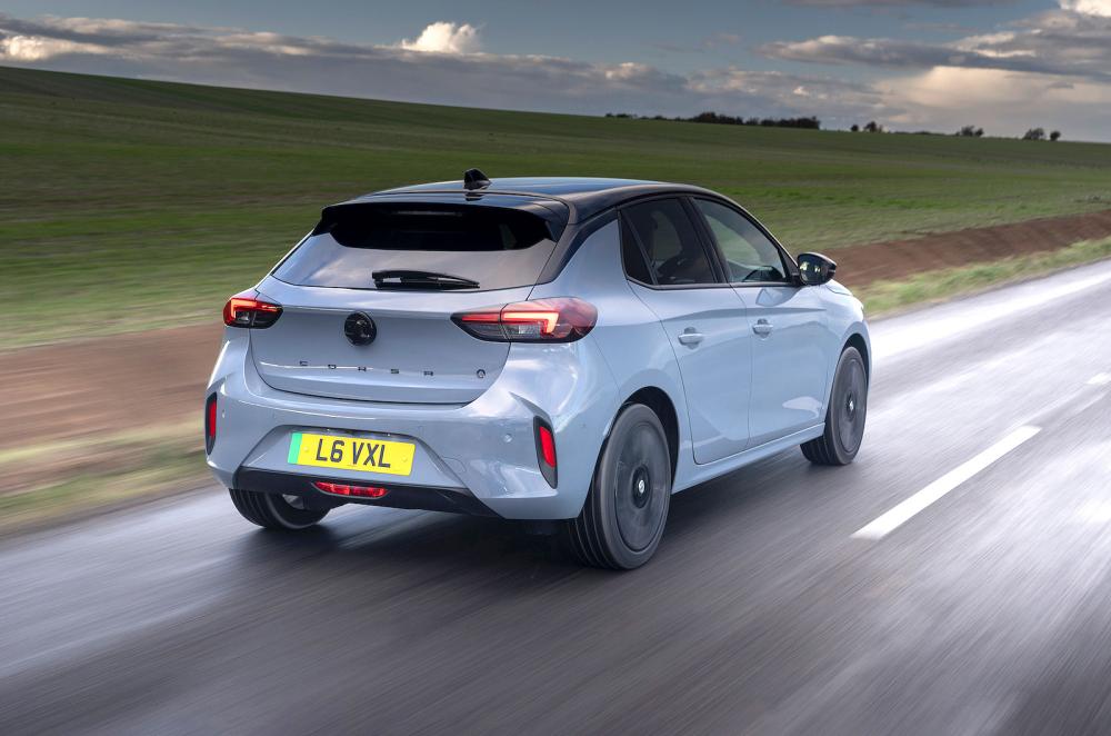 Grey Vauxhall Corsa Electric rear right driving