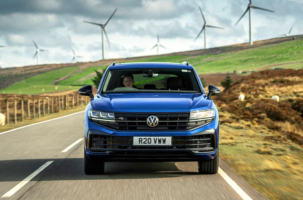 Blue VW Touareg R front driving