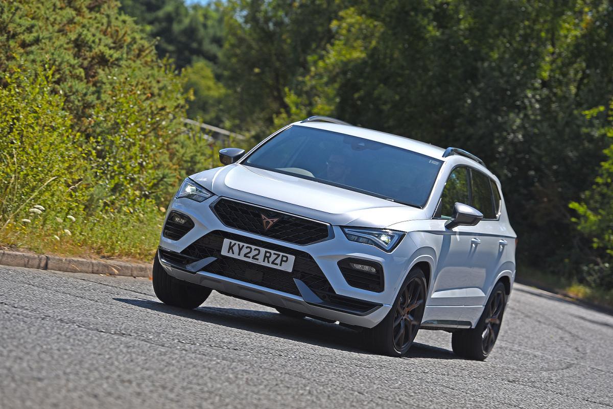White Cupra Ateca front cornering