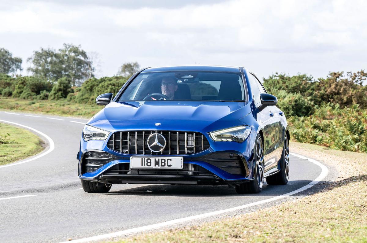 Blue Mercedes-AMG CLA 35 front cornering