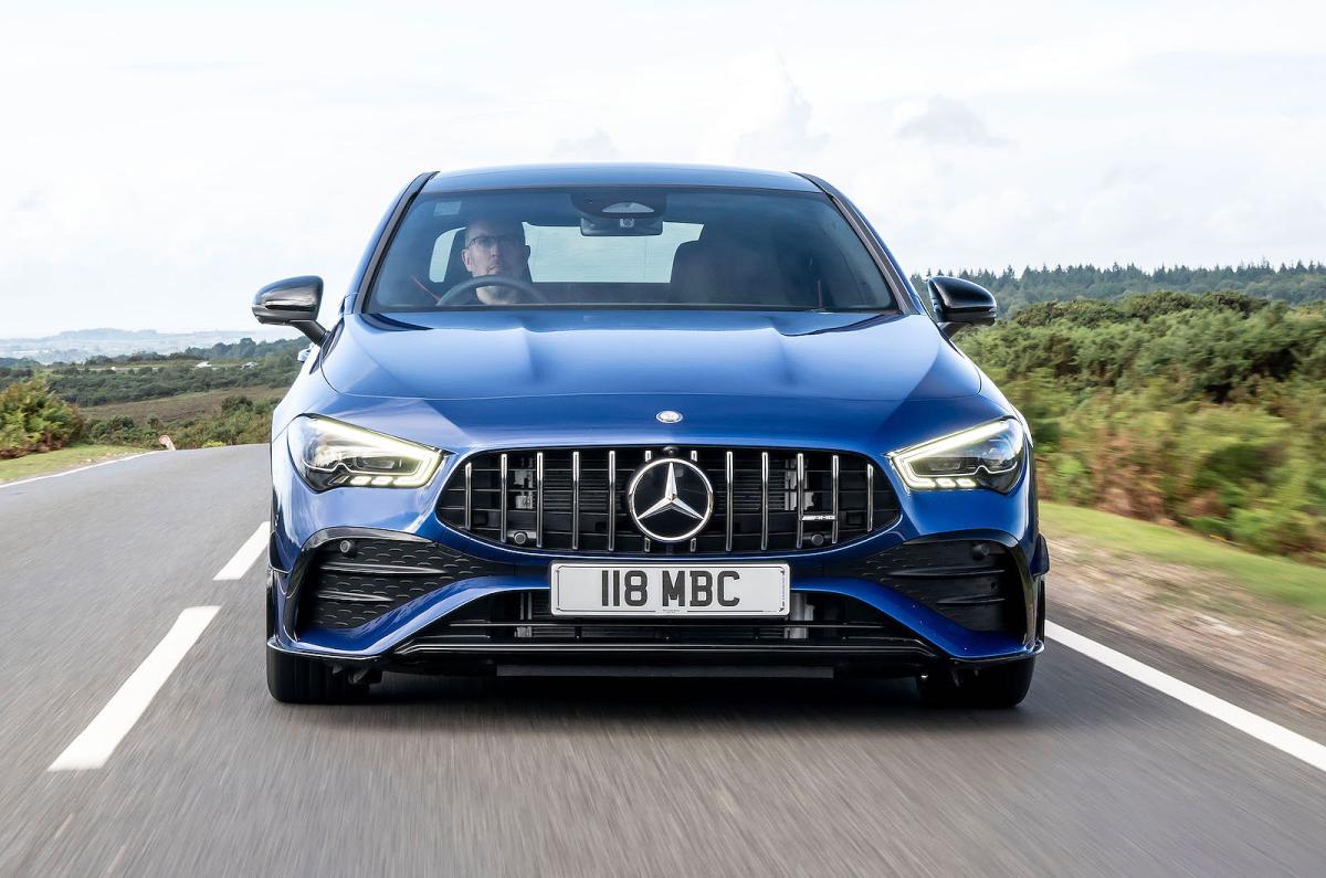 Blue Mercedes-AMG CLA 35 front driving