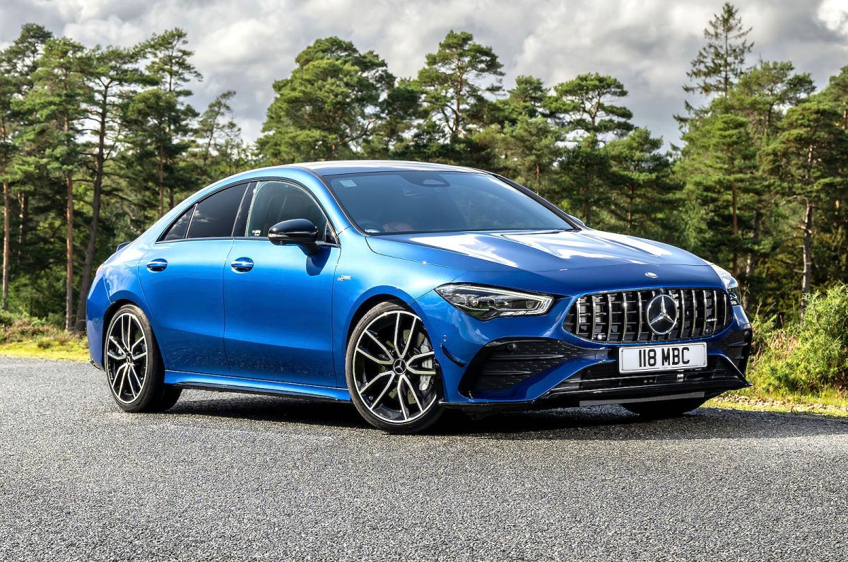 Blue Mercedes-AMG CLA 35 front right static