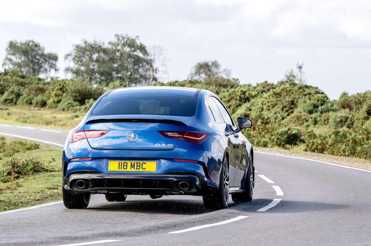 Blue Mercedes-AMG CLA 35 rear cornering