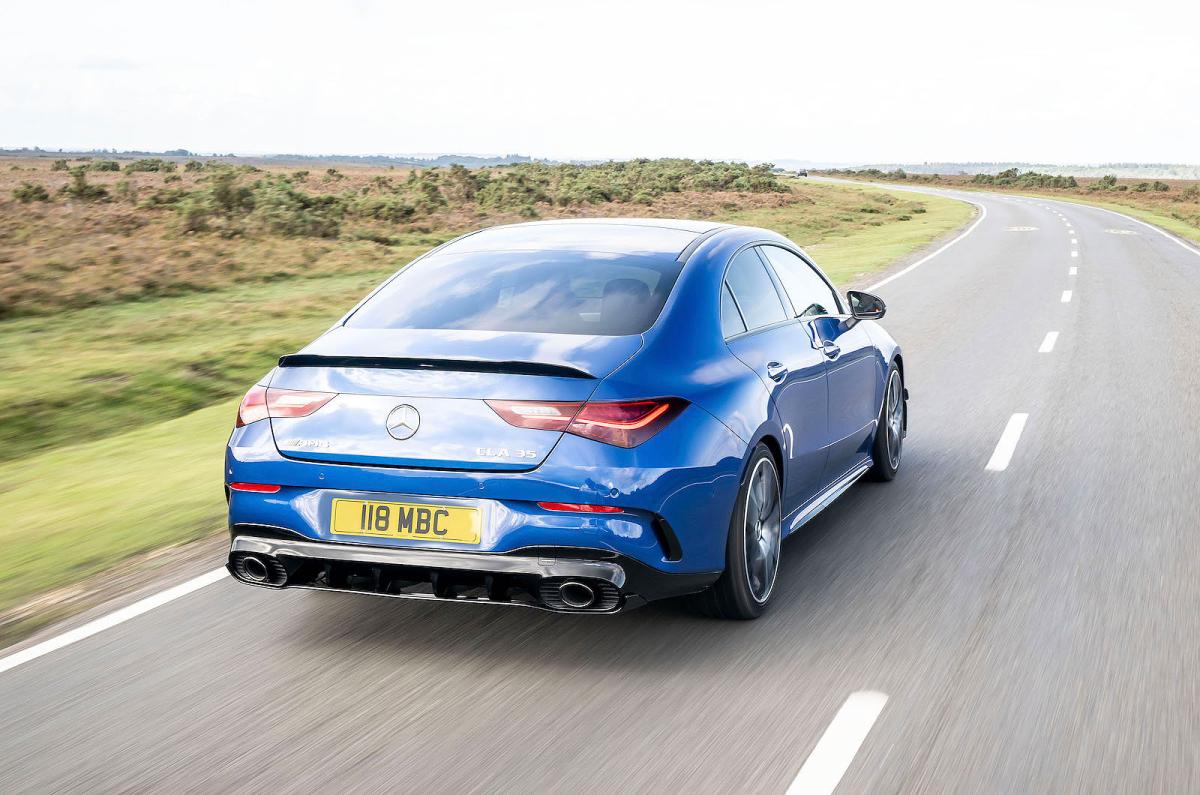 Blue Mercedes-AMG CLA 35 rear driving