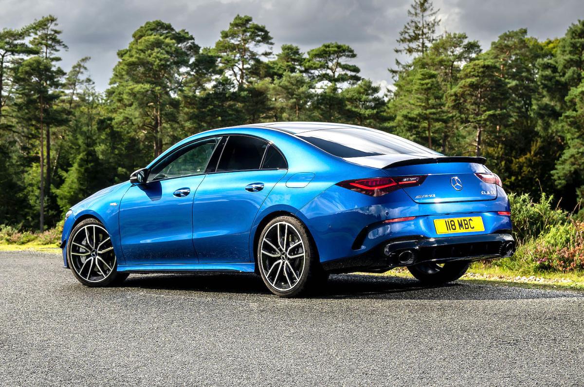 Blue Mercedes-AMG CLA 35 rear left static