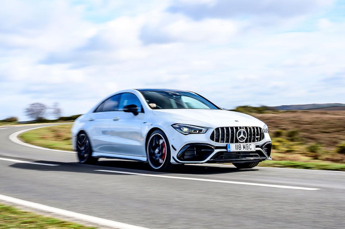 White Mercedes-AMG CLA 45 S front cornering