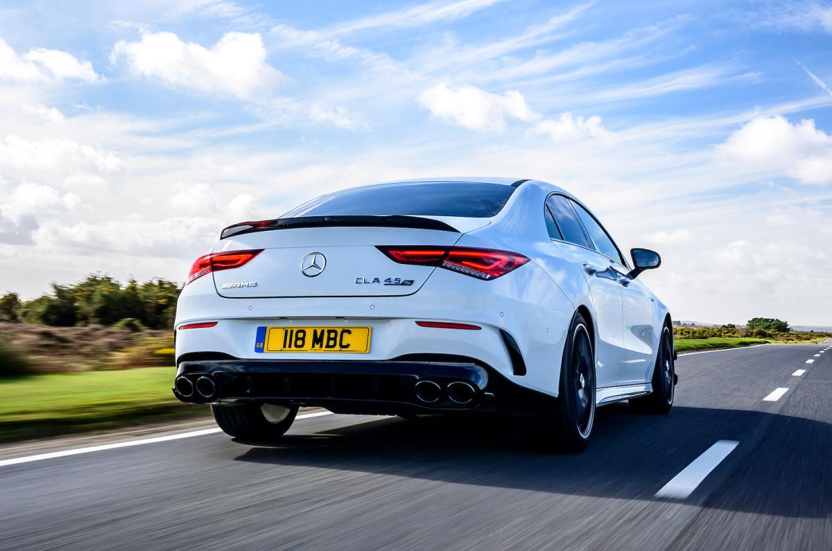 White Mercedes-AMG CLA 45 S rear driving