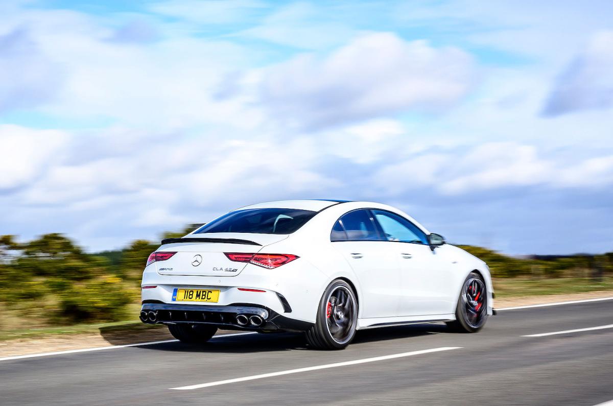 White Mercedes-AMG CLA 45 S rear right driving