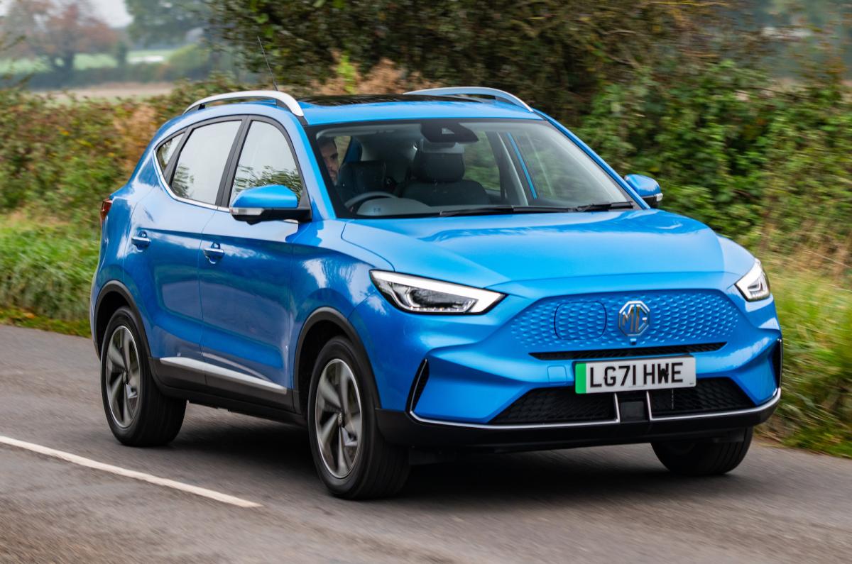 Blue MG ZS EV front right driving