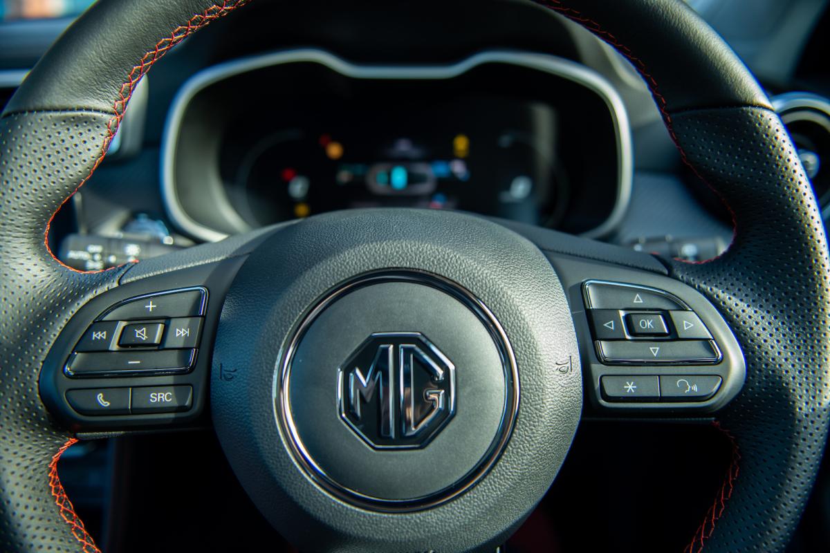 MG ZS EV interior steering wheel detail