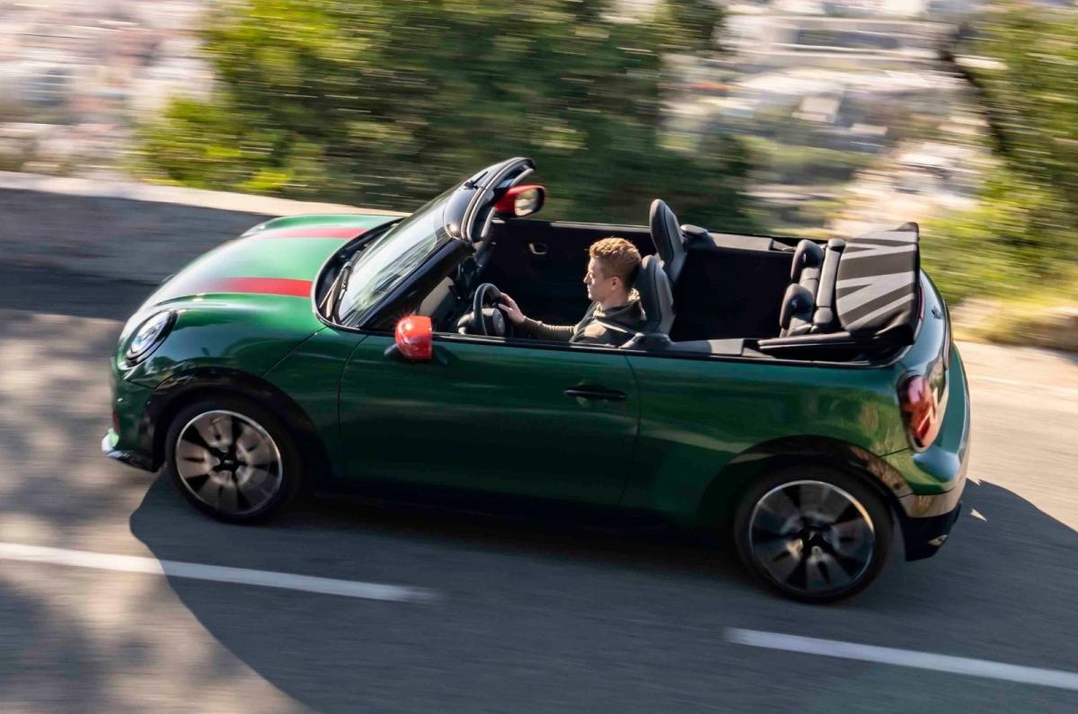Mini Cooper Convertible aerial side profile dynamic