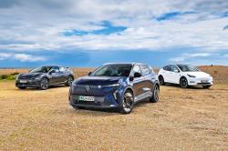 Renault Scenic vs Kia EV6 vs Tesla Model Y fronts from low down