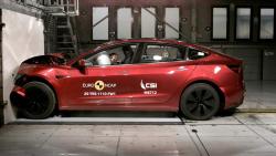 Red Tesla Model 3 crashes into wall during Euro NCAP safety test