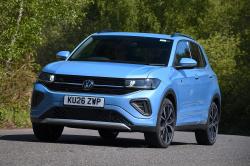 Volkswagen T-Cross long-termer front cornering blue