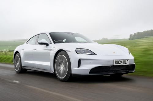 Porsche Taycan front driving silver