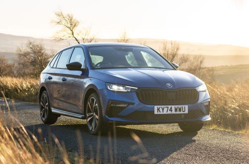 Blue Skoda Scala front 3/4 static