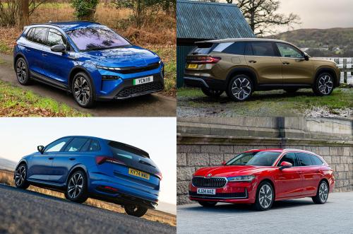 An image divided into four that includes Skoda Elroq, Skoda Scala, Skoda Kodiaq, Skoda Superb Estate